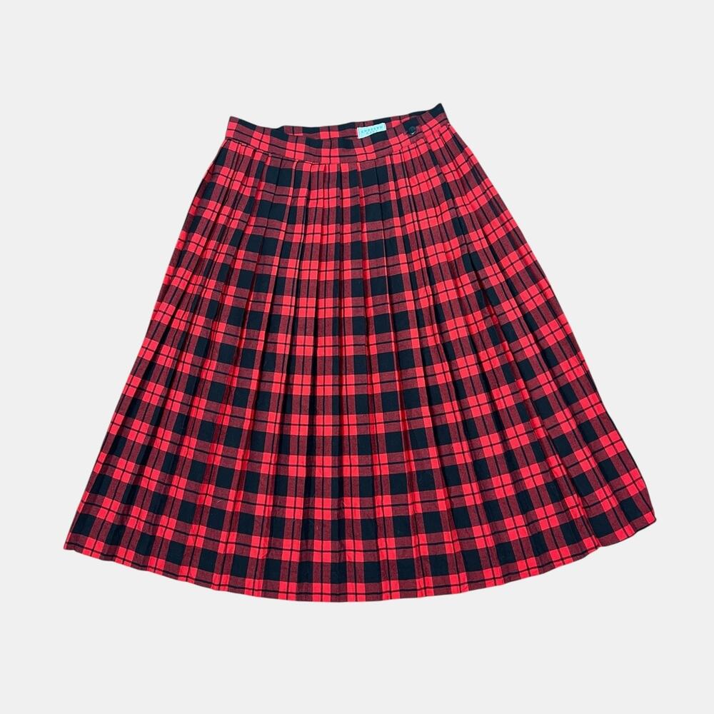 Vintage Plaid Pleated Midi Skirt 90s Grunge Red Black XS‎